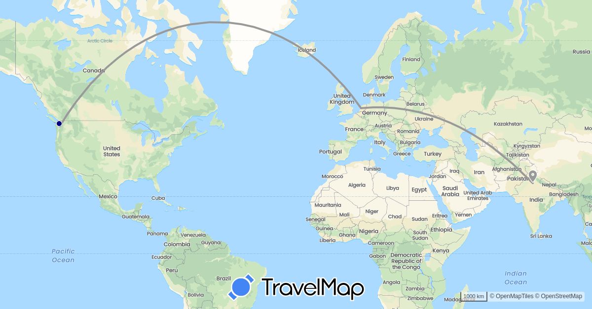 TravelMap itinerary: driving, plane in India, Netherlands, United States (Asia, Europe, North America)